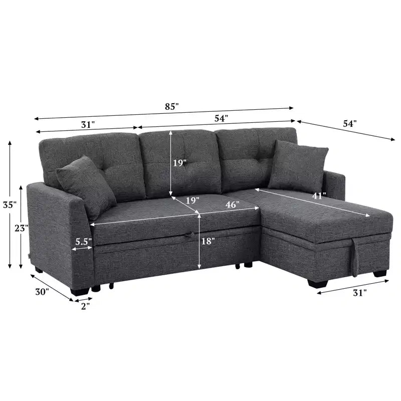 Divano sezionale moderno 86 con chaise longue reversibile, divano letto a 3 posti trasformabile a L, divano estraibile in tessuto simile al lino, grigio