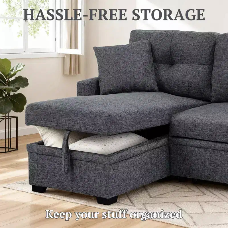 Divano sezionale moderno 86 con chaise longue reversibile, divano letto a 3 posti trasformabile a L, divano estraibile in tessuto simile al lino, grigio