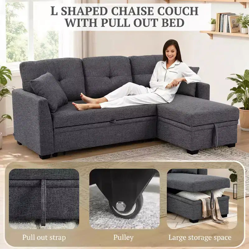 Divano sezionale moderno 86 con chaise longue reversibile, divano letto a 3 posti trasformabile a L, divano estraibile in tessuto simile al lino, grigio