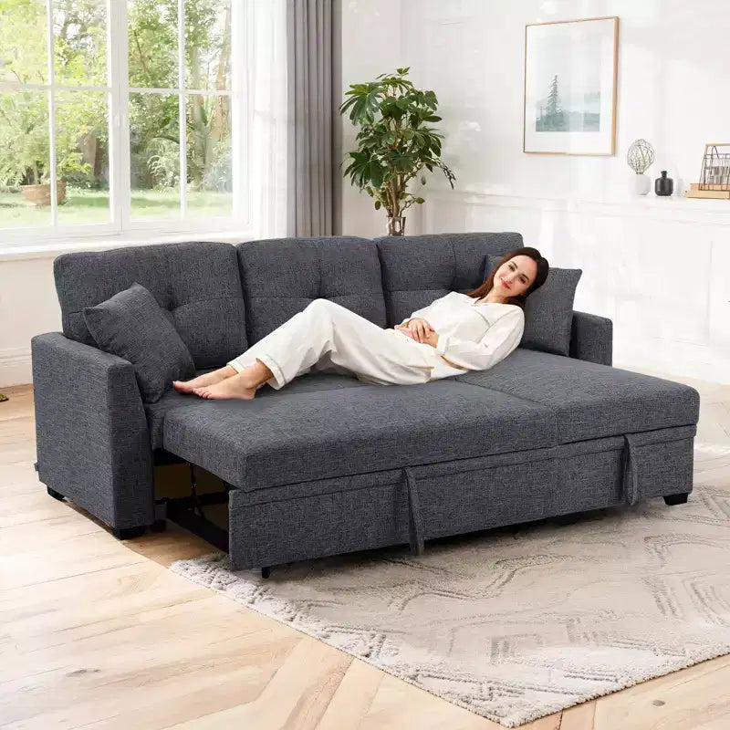 Divano sezionale moderno 86 con chaise longue reversibile, divano letto a 3 posti trasformabile a L, divano estraibile in tessuto simile al lino, grigio