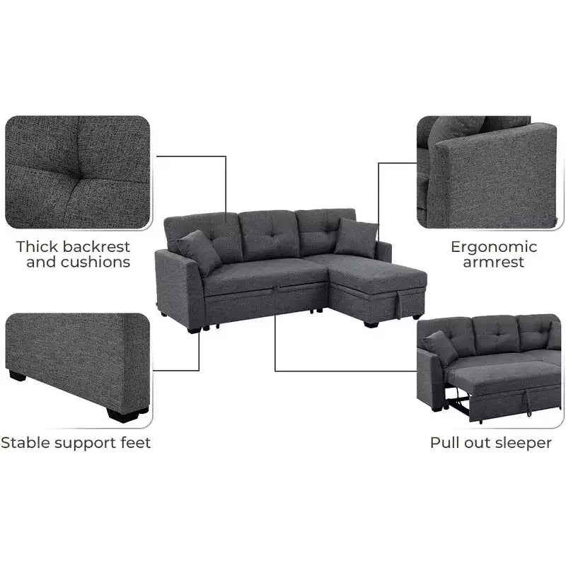 Divano sezionale moderno 86 con chaise longue reversibile, divano letto a 3 posti trasformabile a L, divano estraibile in tessuto simile al lino, grigio