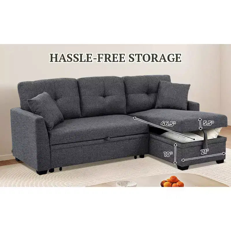 Divano sezionale moderno 86 con chaise longue reversibile, divano letto a 3 posti trasformabile a L, divano estraibile in tessuto simile al lino, grigio