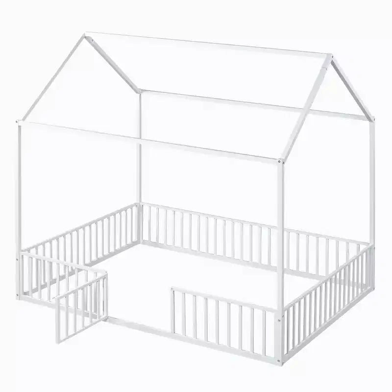 Letto a capanna in metallo per bambini con recinzione e porta, bianco