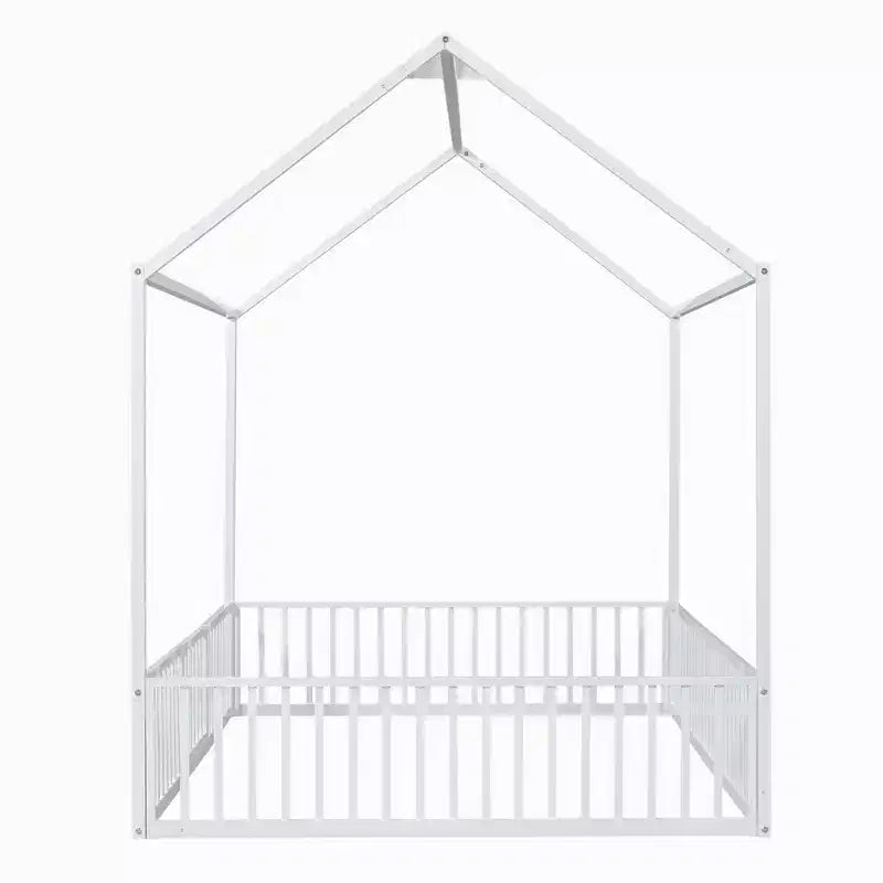 Letto a capanna in metallo per bambini con recinzione e porta, bianco