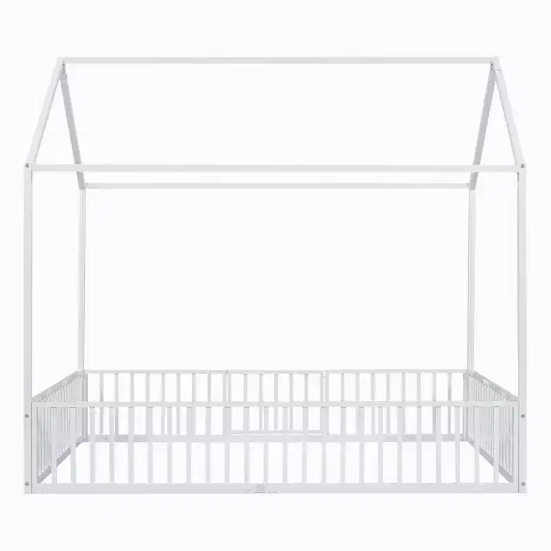 Letto a capanna in metallo per bambini con recinzione e porta, bianco