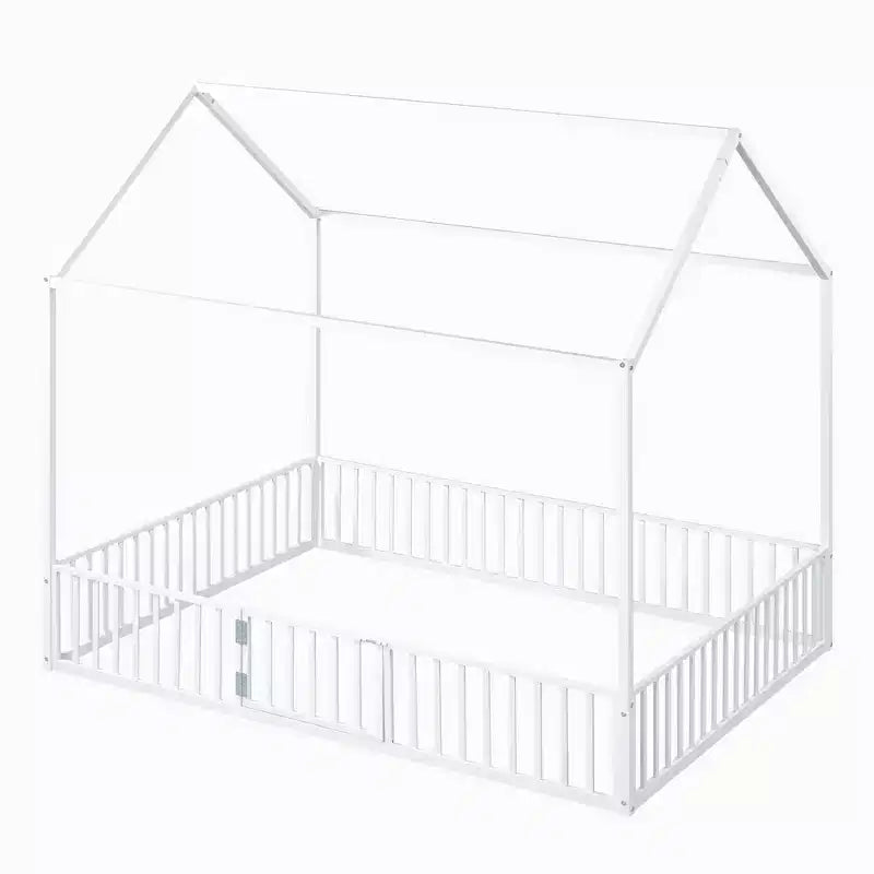 Letto a capanna in metallo per bambini con recinzione e porta, bianco