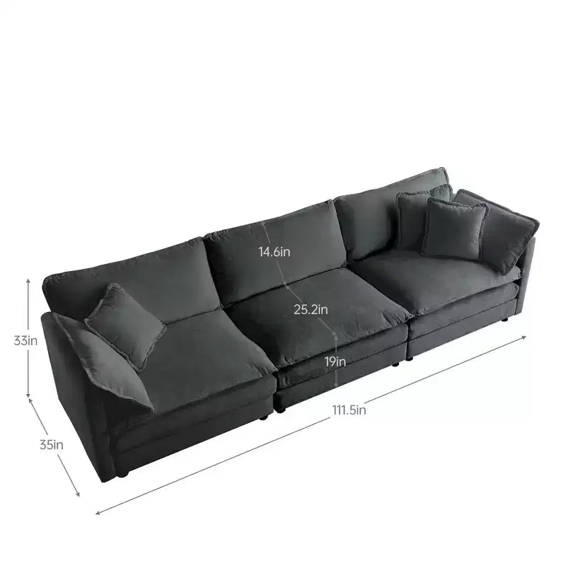 Divano a 3 posti Mid Century Modern con 2 cuscini bracciolo e 2 cuscini decorativi per soggiorno, grigio