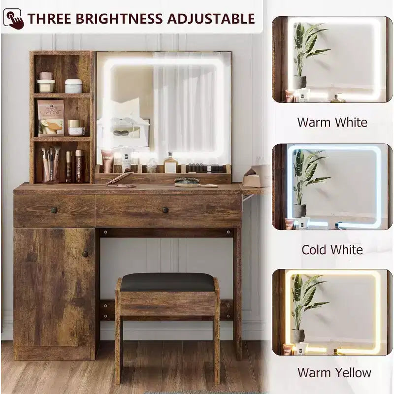 Toeletta Trucco con Specchio e Luci, Set Tavolo da Trucco con Cassetto e Presa di Corrente, Sedia Contenitore e 3 Ripiani, Camera da Letto
