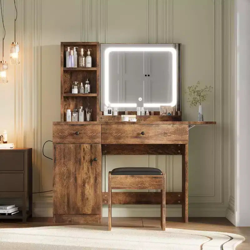 Toeletta Trucco con Specchio e Luci, Set Tavolo da Trucco con Cassetto e Presa di Corrente, Sedia Contenitore e 3 Ripiani, Camera da Letto