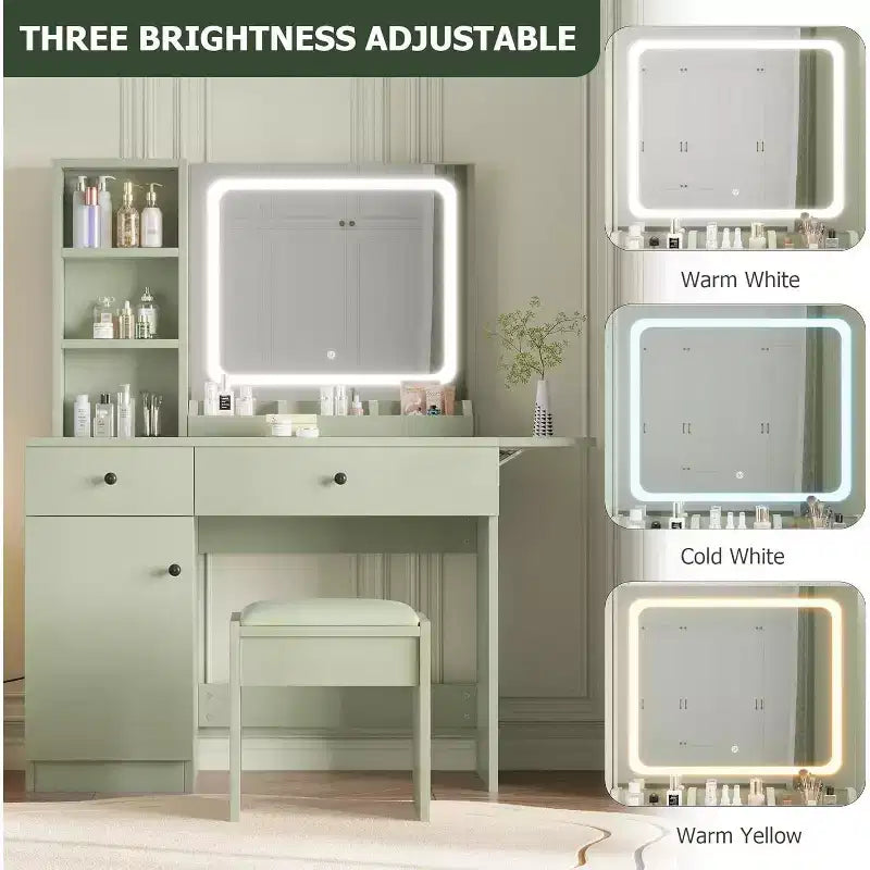 Toeletta Trucco con Specchio e Luci, Set Tavolo da Trucco con Cassetto e Presa di Corrente, Sedia Contenitore e 3 Ripiani, Camera da Letto