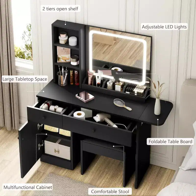 Toeletta Trucco con Specchio e Luci, Set Tavolo da Trucco con Cassetto e Presa di Corrente, Sedia Contenitore e 3 Ripiani, Camera da Letto