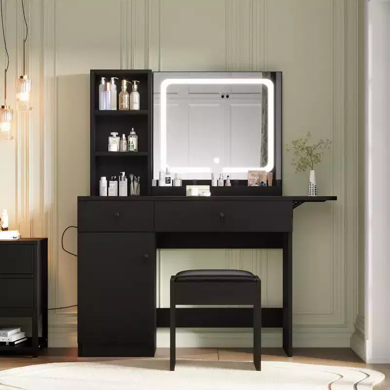 Toeletta Trucco con Specchio e Luci, Set Tavolo da Trucco con Cassetto e Presa di Corrente, Sedia Contenitore e 3 Ripiani, Camera da Letto