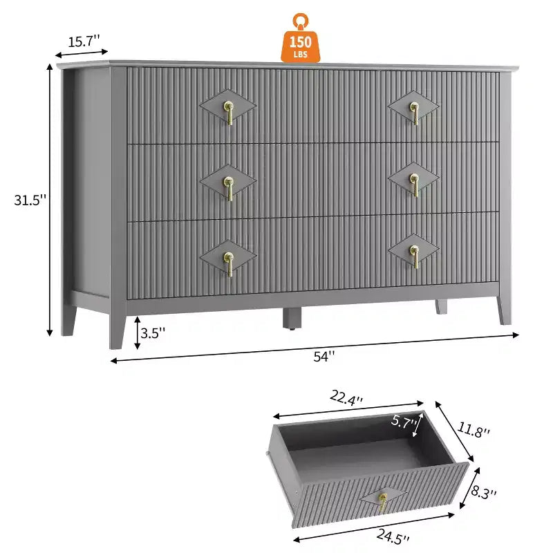 Comò a 6 cassetti da 54 pollici di larghezza, cassettiera moderna con maniglie in metallo per la camera da letto, grigio