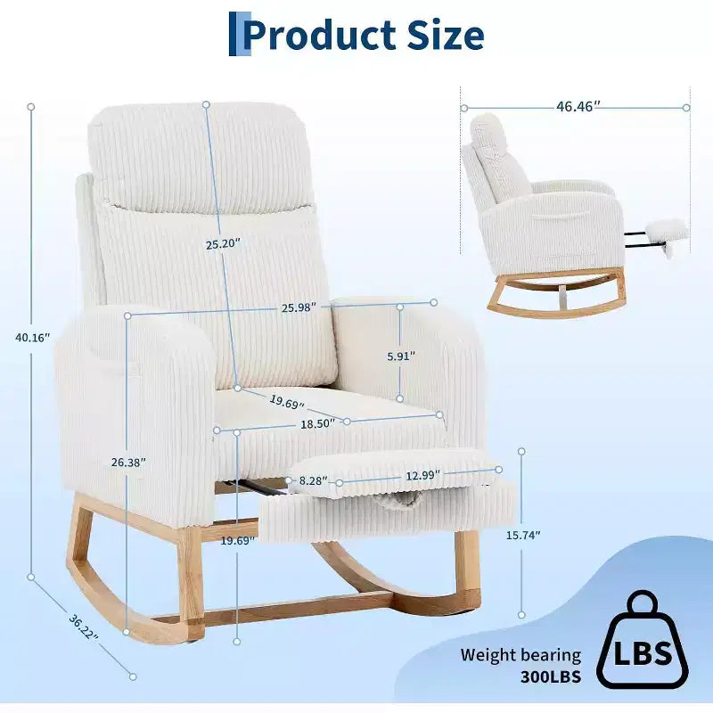 Moderna Sedia a Dondolo per Asilo Nido, Poltrona Relax Imbottita in Corduroy con Poggiapiedi Regolabile e Tasca Laterale per Soggiorno, Camera da Letto, Sala Allattamento, Beige
