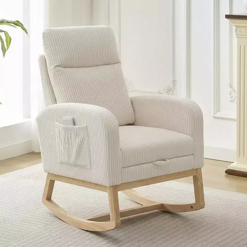 Moderna Sedia a Dondolo per Asilo Nido, Poltrona Relax Imbottita in Corduroy con Poggiapiedi Regolabile e Tasca Laterale per Soggiorno, Camera da Letto, Sala Allattamento, Beige