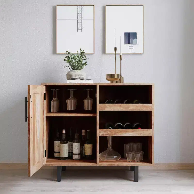 Mobile bar e credenza con mobiletto contenitore, supporti per calici sospesi e portabottiglie