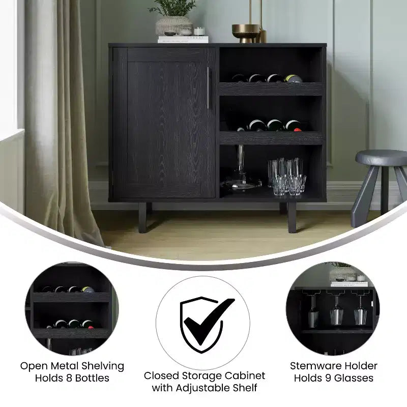 Mobile bar e credenza con mobiletto contenitore, supporti per calici sospesi e portabottiglie
