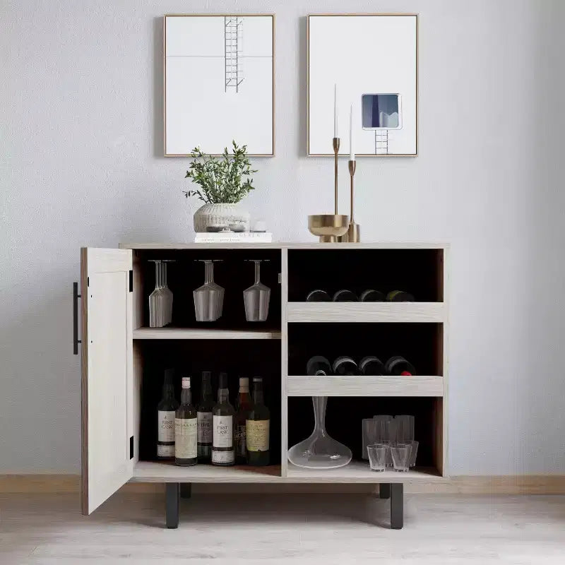 Mobile bar e credenza con mobiletto contenitore, supporti per calici sospesi e portabottiglie